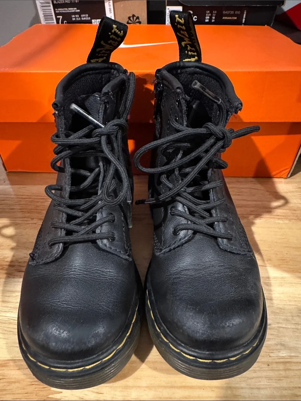 Dr. Martens Kids Black Leather Lace-Up Boots with Yellow Stitching